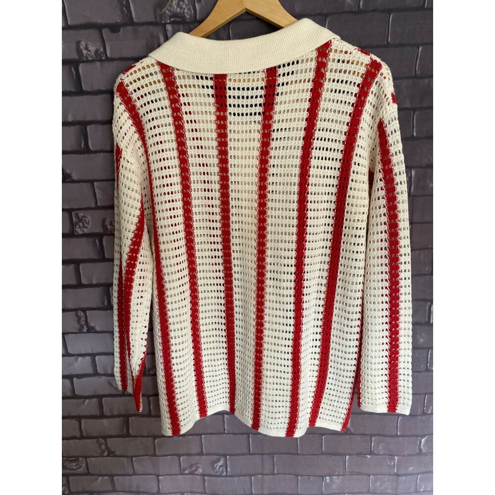Commense Red and Cream Striped Crochet Polo Collared Button Cardigan M - Picture 3 of 4
